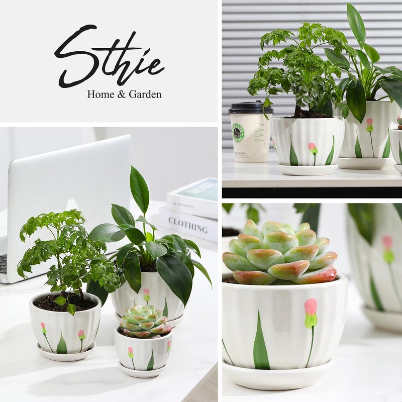STHIE Ceramic Plant Pots with Drainage Holes and Saucers  Round White Flower Pots for Indoor Plant  Diameter 3.3/4.3/5.5 Inches Small Flower Planters Set of 3 - Image 5